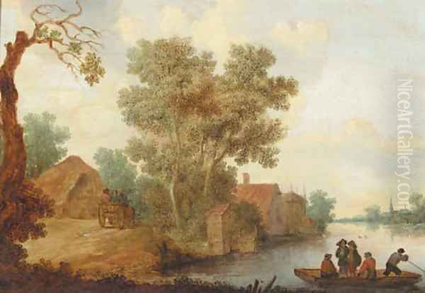 A ferry on a river with travellers on a horse drawn wagon, approaching a hamlet, in summer Oil Painting by Pieter de Neyn