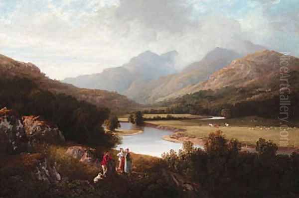 A mountainous wooded River Landscape, with figures in the foreground Oil Painting by Charlotte Nasmyth