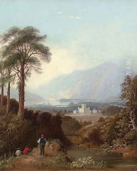 Fishermen by the River Tay, Perthshire, with Taymouth Castle beyond Oil Painting by Charlotte Nasmyth