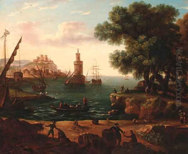 A coastal inlet with moored shipping and stevedores on a bank Oil Painting by Claude Lorraine R.W Nursey