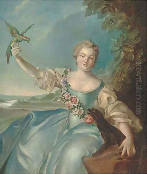 Portrait of Mathilde de Canisy, Marquise d'Antin, seated half-length, with a dog and a parrot Oil Painting by Jean-Marc Nattier