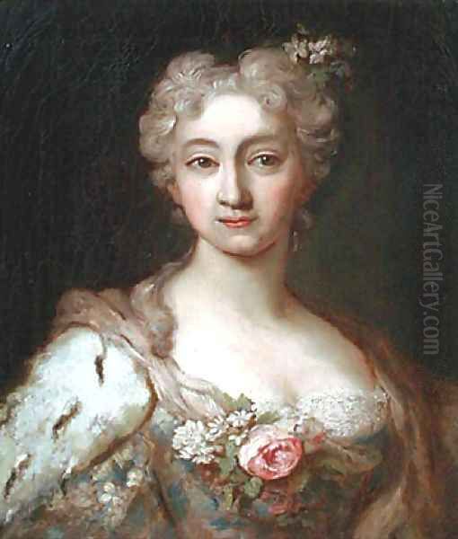 Portrait of an elegant lady, bust-length, in a dress set with lace and flowers with an ermine wrap and flowers in her hair Oil Painting by Jean-Marc Nattier