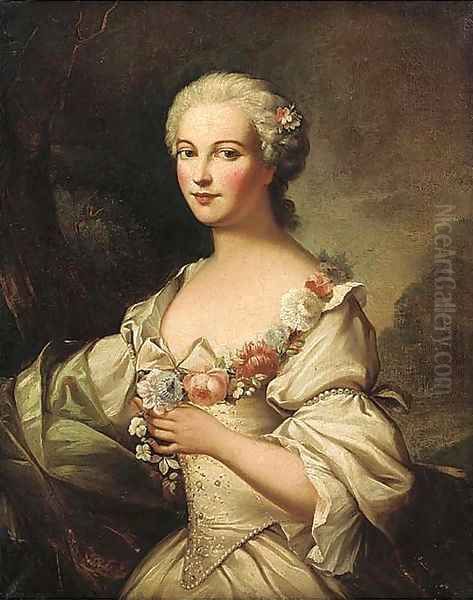 Portrait of a lady, half-length, in a red and gold dress with lace, holding roses in her hands Oil Painting by Jean-Marc Nattier