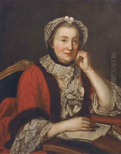 Portrait of a lady, half-length, in a red fur-lined coat and with lace headdress, seated at a secretaire Oil Painting by Jean-Marc Nattier