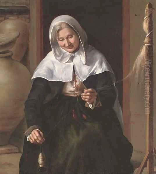 An old woman spinning wool in an interior Oil Painting by Louis And Matthew Le Nain