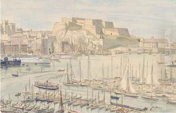 Steam yachts and other shipping in a continental harbour Oil Painting by Job Nixon