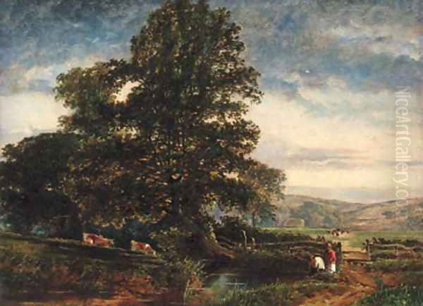 Young anglers in a wooded landscape Oil Painting by Edmund John Niemann