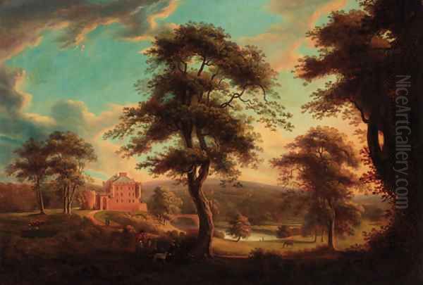 Huntsmen resting before a fortified house in a wooded river landscape Oil Painting by James Norie