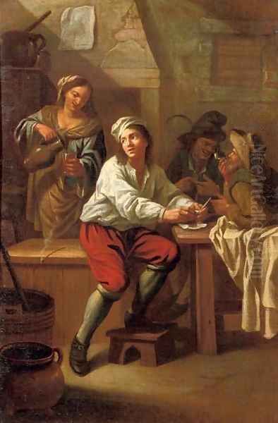 Peasants drinking and smoking in an interior Oil Painting by Jan Baptiste Nollekens