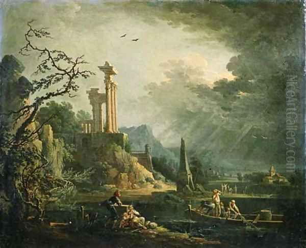 Evening a cappriccio of a Mediterranean coastal landscape with fishermen hauling in their nets, as a storm approaches Oil Painting by Jean-Baptiste-Charles Claudot, Called Clau Nancy