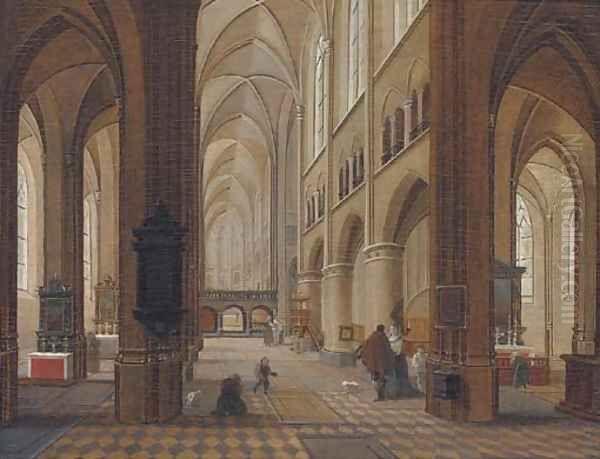 A church interior with elegant company in the foreground Oil Painting by Peeter, the Younger Neeffs