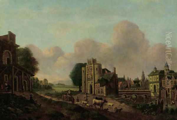 A view of a town on a river with shepherds and travellers in the foreground Oil Painting by Pieter Frans de Noter