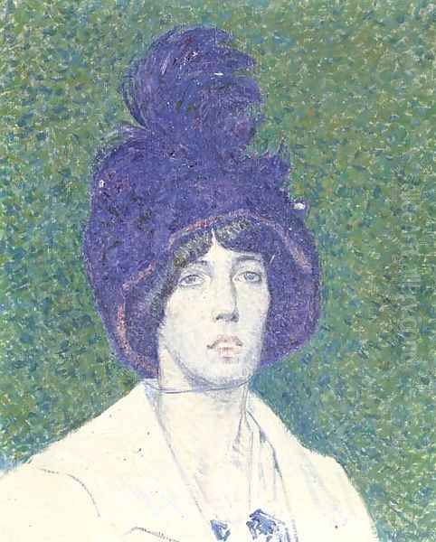 Dame met blauwe hoed - Lady with blue hat Oil Painting by Ferdinand Hart Nibbrig