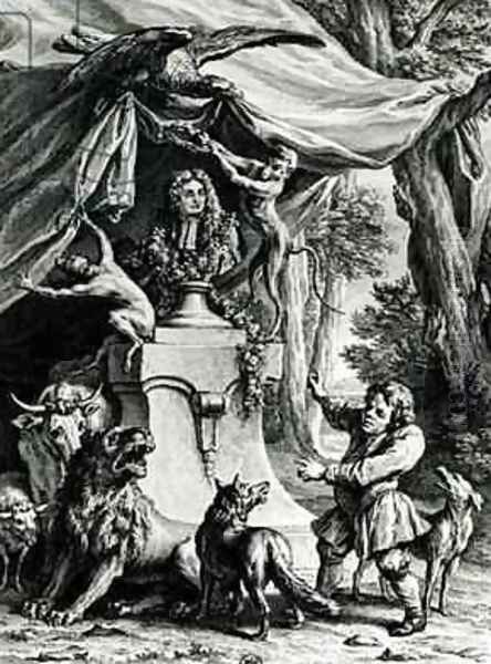 Allegorical portrait of Jean de La Fontaine 1621-95 surrounded by animals from his fables Oil Painting by Jean-Baptiste Oudry