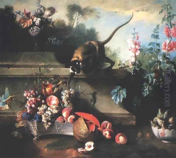 Still Life with a Monkey, Fruit and Flowers Oil Painting by Jean-Baptiste Oudry