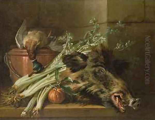 A Dead Mallard, a Boars Head, Celery and a Copper Pot on a Ledge Oil Painting by Jean-Baptiste Oudry