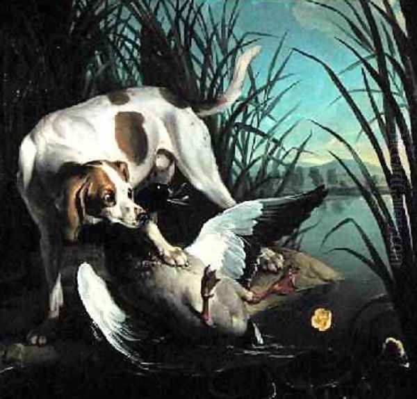 Dog with a wild duck Oil Painting by Jean-Baptiste Oudry