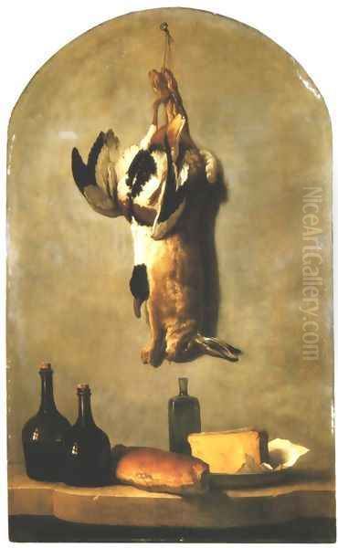 Still Life: Hare, Duck, Loaf of Bread, Cheese and Flasks of Wine Oil Painting by Jean-Baptiste Oudry