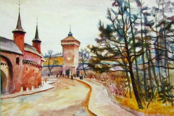 Widok Na Barbakan I Brame Florianska Oil Painting by Stanislaw Kamocki