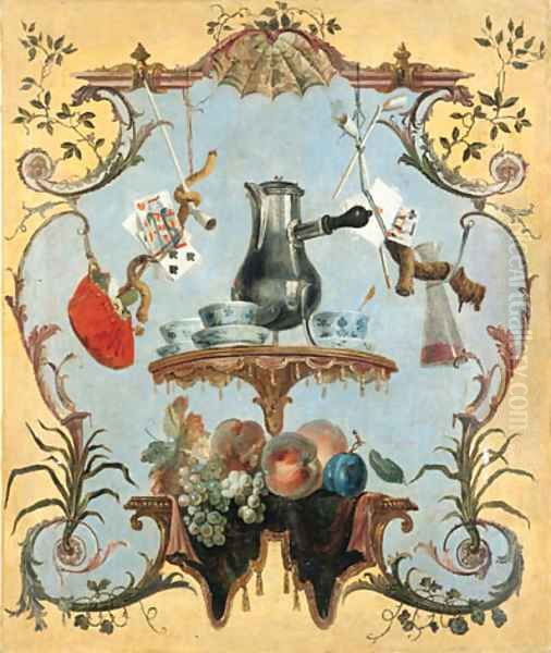 A still life with silver coffee pot Oil Painting by Jean-Baptiste Oudry