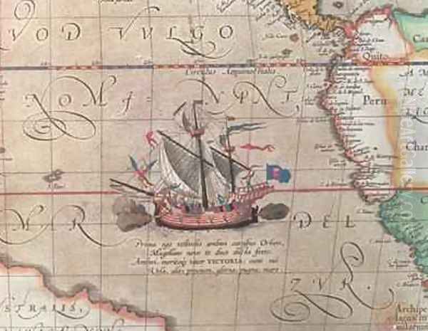 A sailing ship firing its cannon, detail from a map of the Pacific, China and America, 1599 Oil Painting by Abraham Ortelius