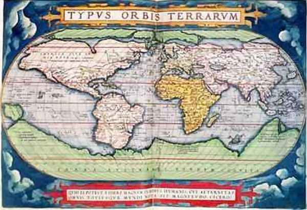 Map of the world Typus Orbis Terrarum, from Orteliuss Americaesive Novi Orbis, 1570 Oil Painting by Abraham Ortelius