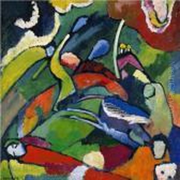 Zwei Reiter Und Liegende Gestalt (two Riders And Reclining Figure) Oil Painting by Wassily Kandinsky