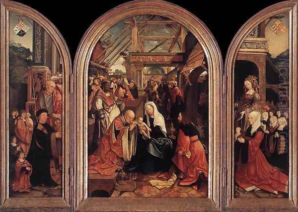 Tryptych with the Adoration of the Magi, Donors and Saints Oil Painting by Jacob Cornelisz Van Oostsanen