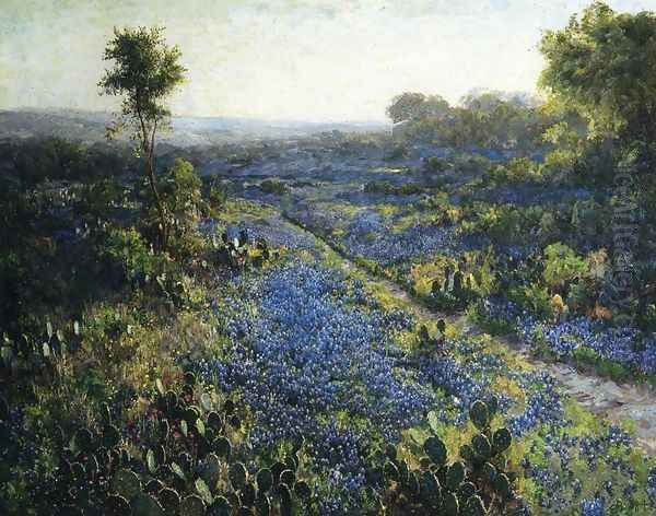 Field of Texas Bluebonnets and Prickly Pear Cacti Oil Painting by Julian Onderdonk