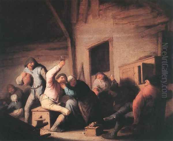 Carousing Peasants in a Tavern c. 1635 Oil Painting by Adriaen Jansz. Van Ostade