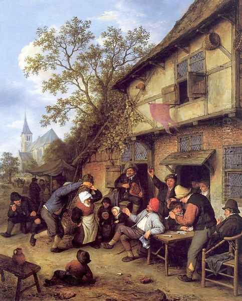 Merrymaking Outside an Inn Oil Painting by Adriaen Jansz. Van Ostade