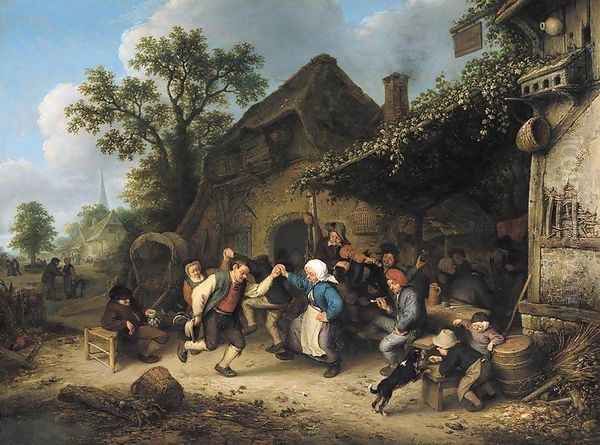 Peasants Carousing and Dancing outside an Inn 1660 Oil Painting by Adriaen Jansz. Van Ostade