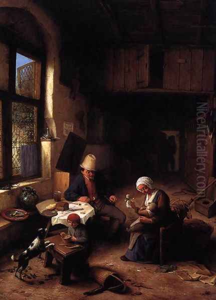 The Interior of a Peasant's Cottage 1668 Oil Painting by Adriaen Jansz. Van Ostade