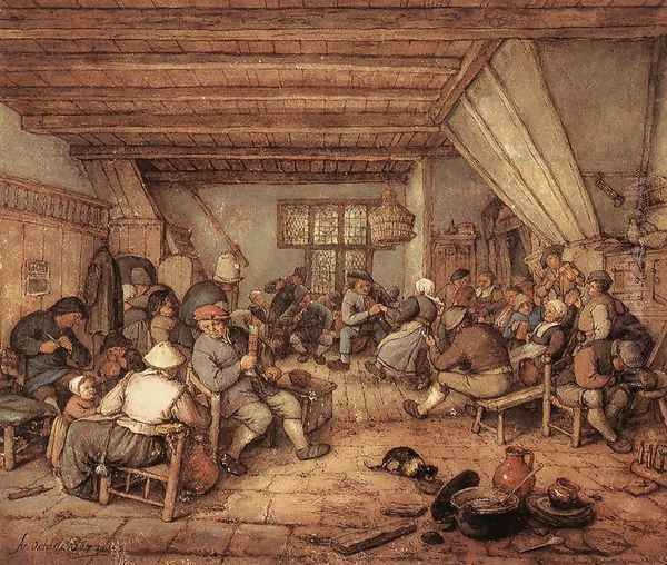 Feasting Peasants in a Tavern Oil Painting by Adriaen Jansz. Van Ostade