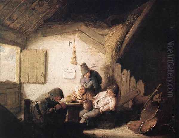 Village Tavern with Four Figures Oil Painting by Adriaen Jansz. Van Ostade