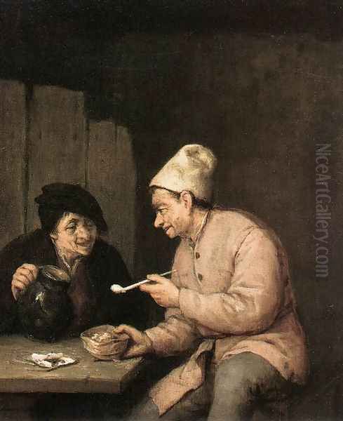 Piping and Drinking in the Tavern Oil Painting by Adriaen Jansz. Van Ostade