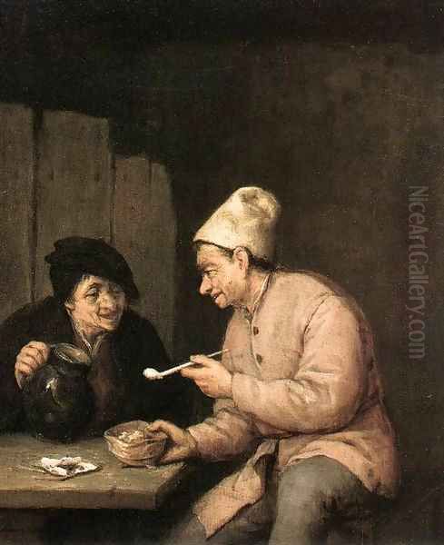 Piping and Drinking in the Tavern 2 Oil Painting by Adriaen Jansz. Van Ostade