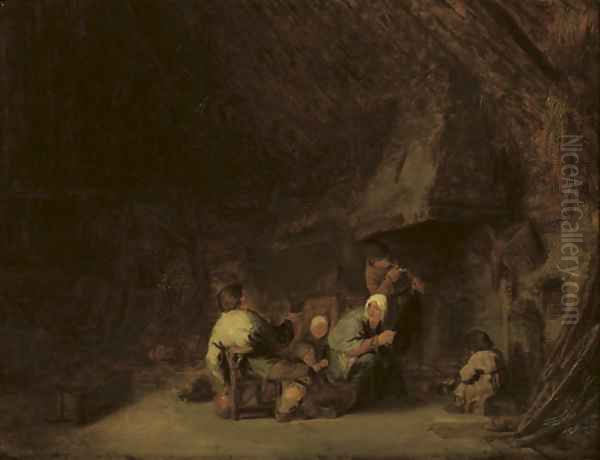 A peasant family by a fireplace in a barn Oil Painting by Adriaen Jansz. Van Ostade