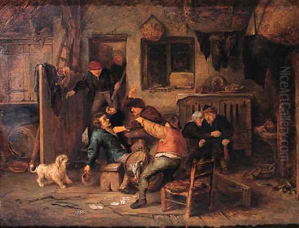 Boors fighting over a game of cards in a barn Oil Painting by Adriaen Jansz. Van Ostade