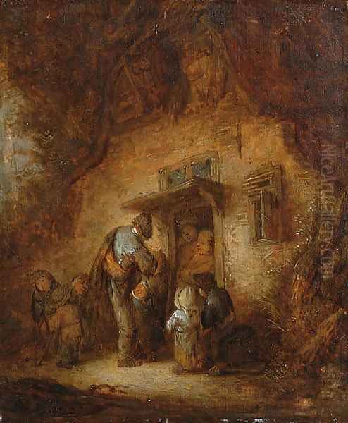 A hurdy-gurdy player with children at a cottage door Oil Painting by Adriaen Jansz. Van Ostade