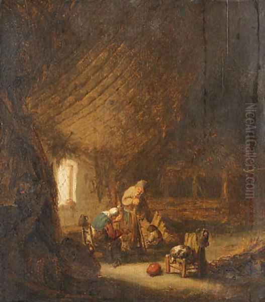 A peasant Family in a Barn with an old Woman spinning Oil Painting by Adriaen Jansz. Van Ostade