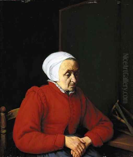 An elderly lady in a red coat, by a table with a distaff Oil Painting by Adriaen Jansz. Van Ostade