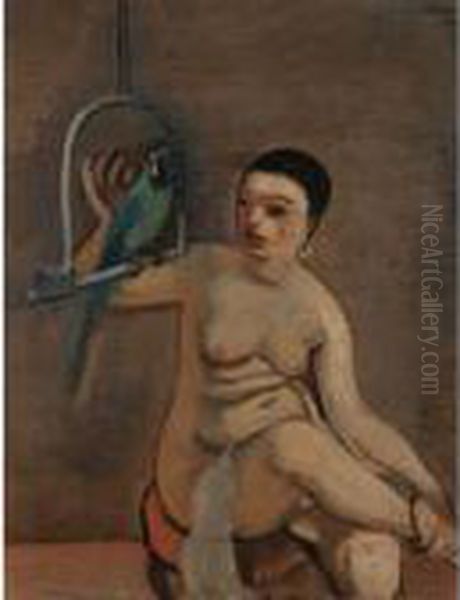 Woman With Parrot Oil Painting by Georges Kars