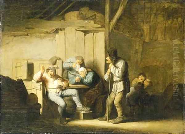 Boors smoking and drinking in an interior Oil Painting by Adriaen Jansz. Van Ostade