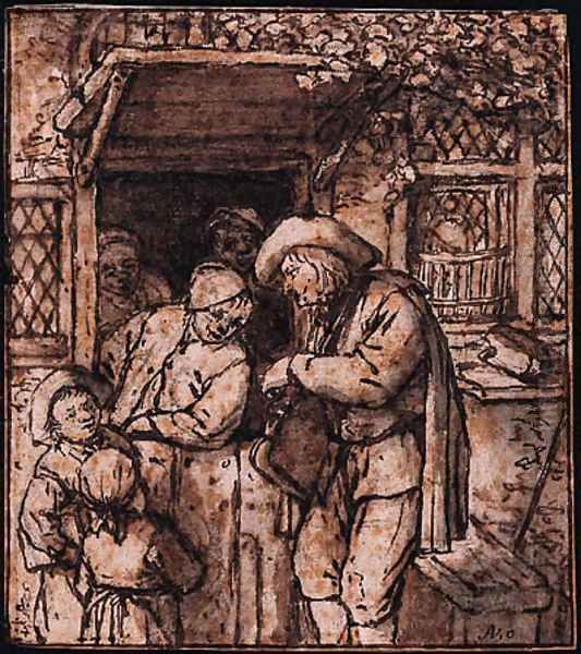 A Hurdy-Gurdy Player at the Door of a House, men and children listening on Oil Painting by Adriaen Jansz. Van Ostade