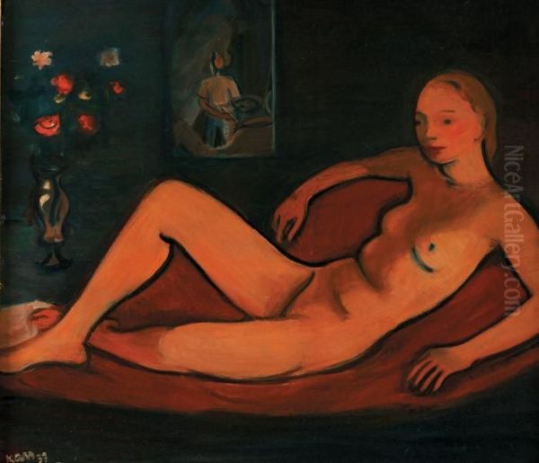 Nu Au Divan Rouge Oil Painting by Georges Kars