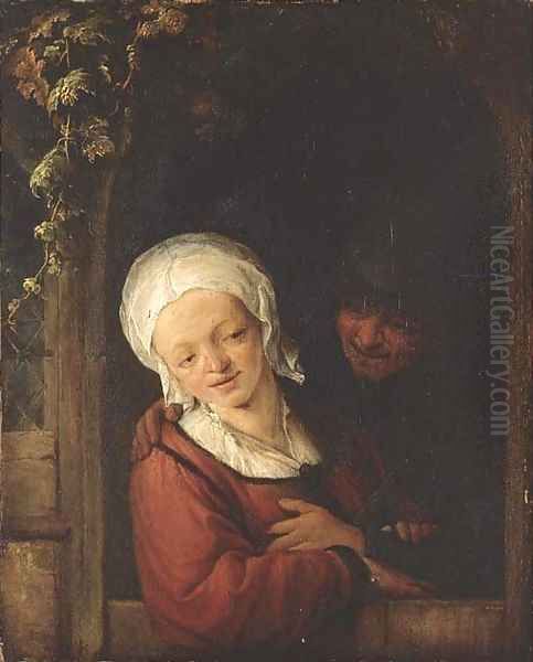 An amorous couple at a cottage door Oil Painting by Adriaen Jansz. Van Ostade