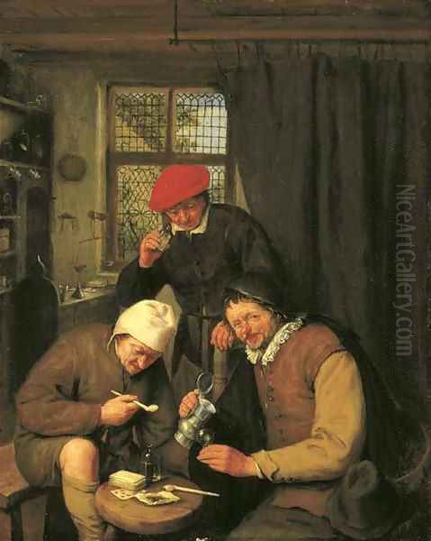 De Drinker Three boors drinking and smoking in a spirit house Oil Painting by Adriaen Jansz. Van Ostade