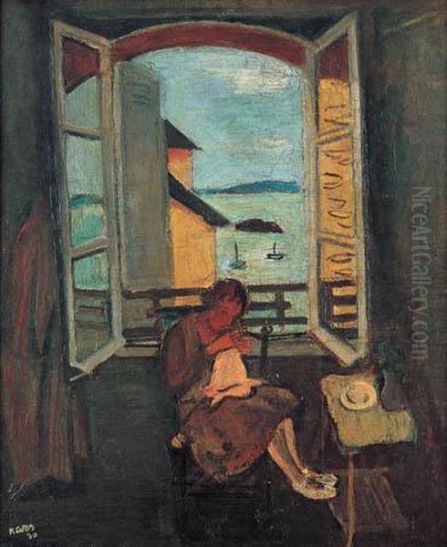 A Woman Sawing Near An Open Window Oil Painting by Georges Kars