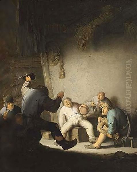 Peasants Drinking and Making Music in a Barn Oil Painting by Adriaen Jansz. Van Ostade